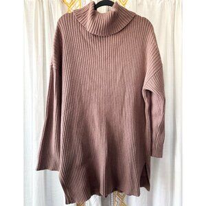 EFAN Oversized Turtleneck Sweater Dress (Size L) Brown Ribbed Knit Tunic